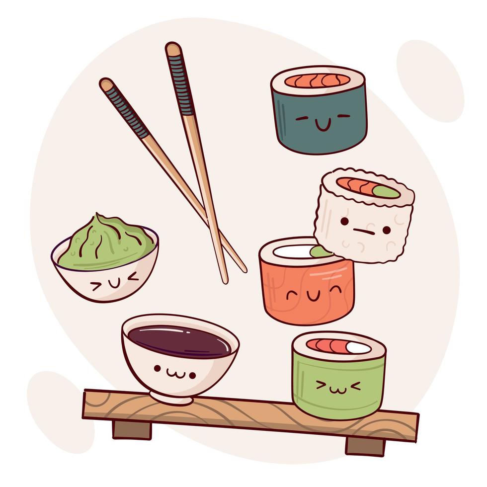 trek grappig kawaii sushi rollen vector illustratie. Japans Aziatisch traditioneel voedsel, Koken, menu concept. tekening tekenfilm stijl.