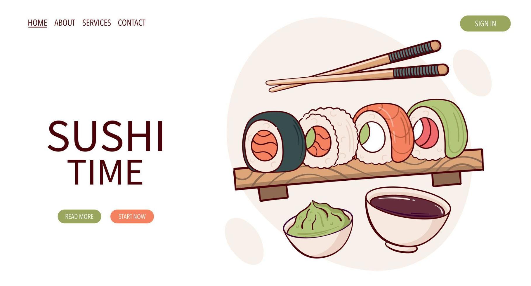 web bladzijde trek nigiri sushi rollen vector illustratie. Japans Aziatisch traditioneel voedsel, Koken, menu concept. banier, website, reclame in tekening tekenfilm stijl..