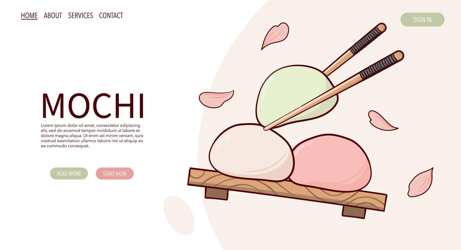 web bladzijde trek fjapan traditie zoet mochi vector illustratie. Japans Aziatisch traditioneel voedsel, Koken, menu concept. banier, website, reclame in tekening tekenfilm stijl.