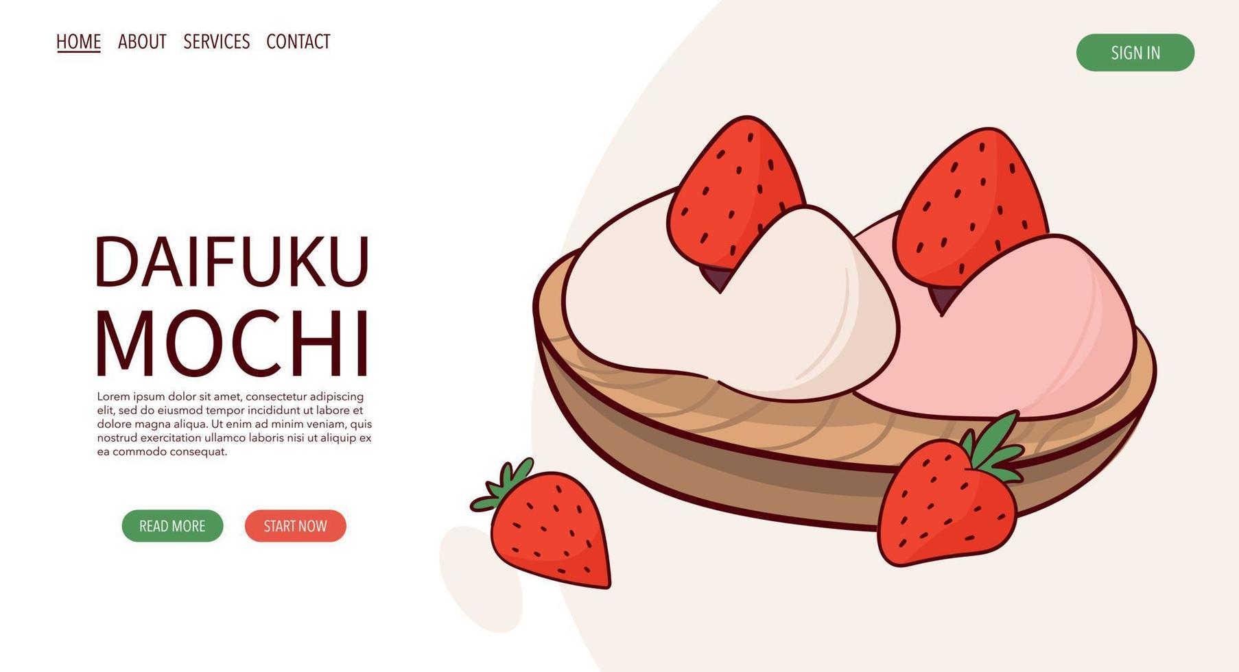 web bladzijde trek Japan traditie zoet mochi daifuku vector illustratie. Japans Aziatisch traditioneel voedsel, Koken, menu concept. banier, website, reclame in tekening tekenfilm stijl.