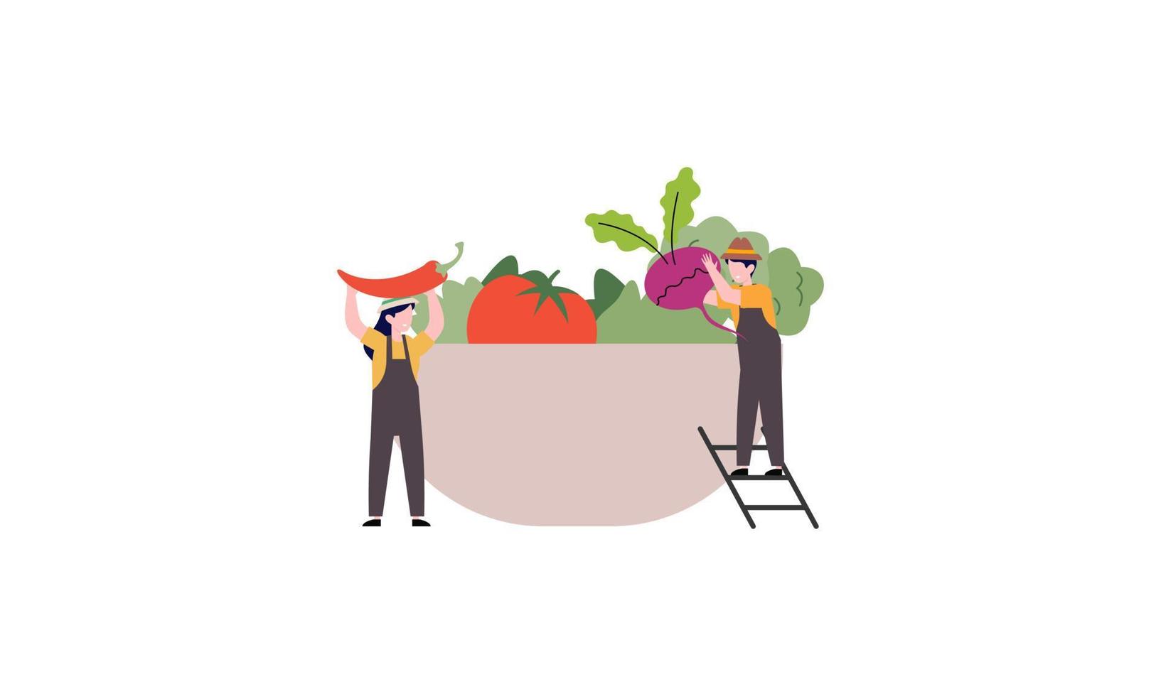 klein boer en verkoop vers boerderij groenten naar koper illustratie concept vector