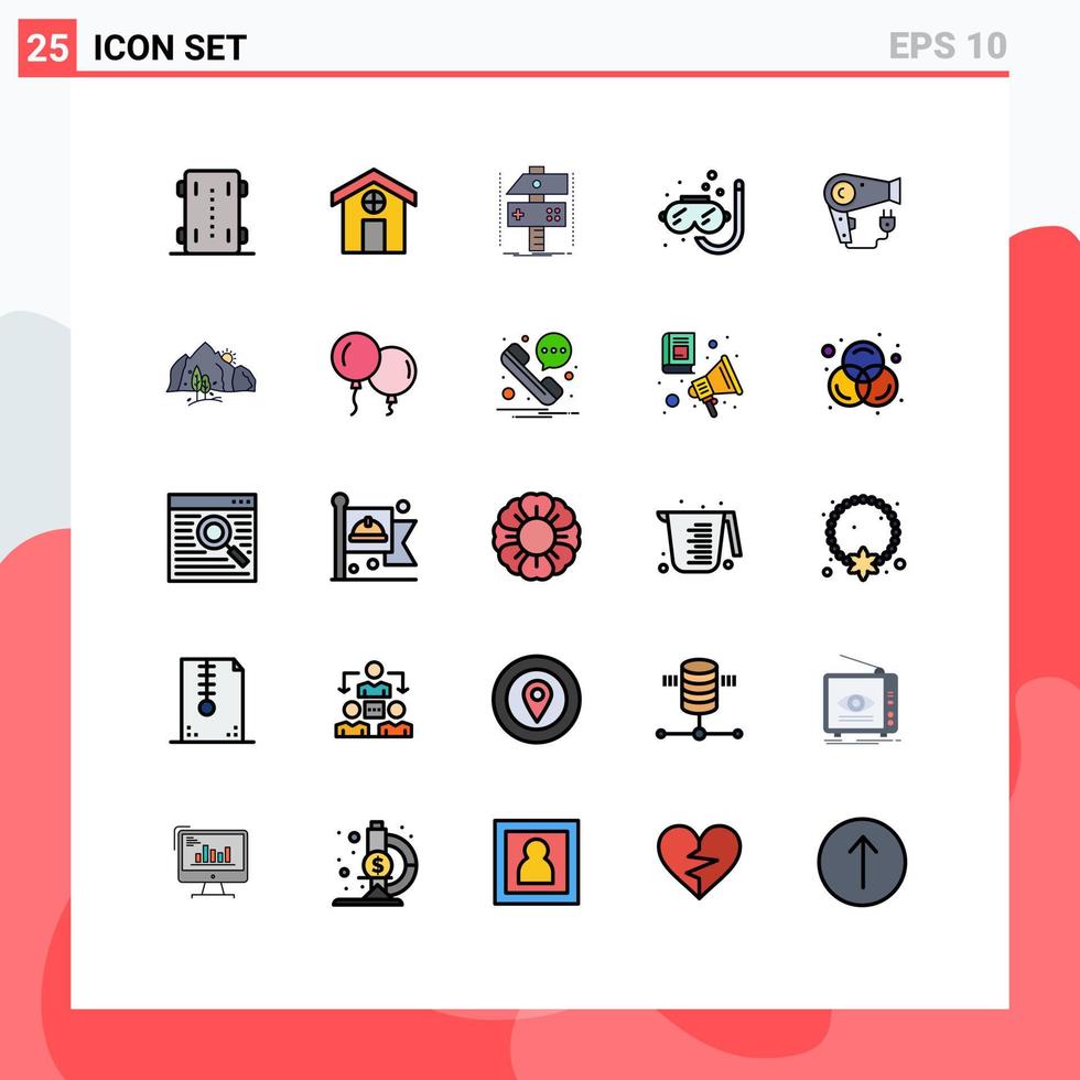 25 universeel gevulde lijn vlak kleuren reeks voor web en mobiel toepassingen droger snorkelen bouwen scuba spel bewerkbare vector ontwerp elementen