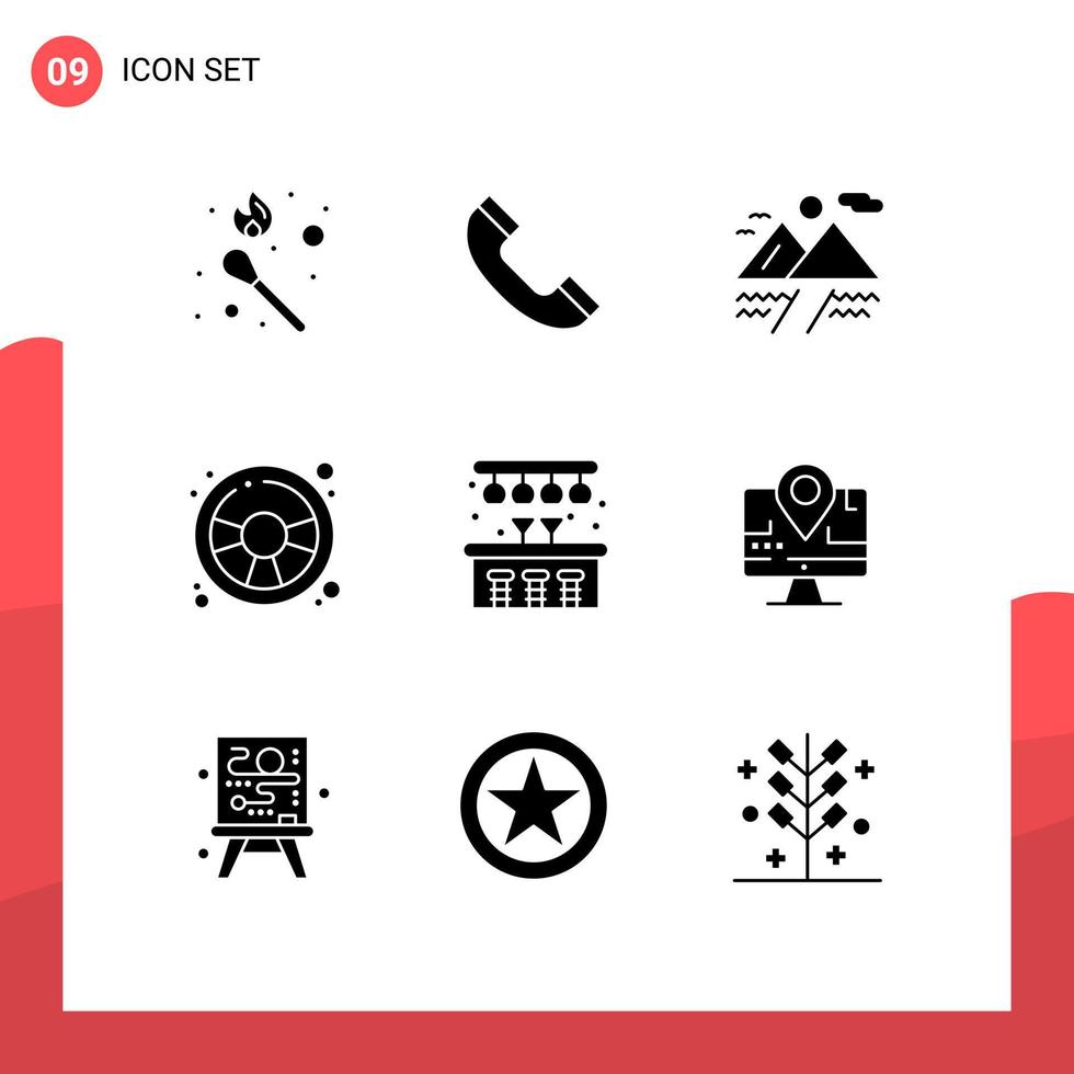 9 solide glyph concept voor websites mobiel en apps computer leven wolk stad spel bewerkbare vector ontwerp elementen