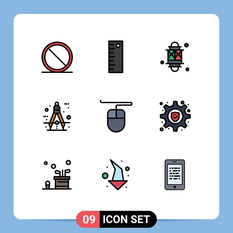 9 gevulde lijn vlak kleur concept voor websites mobiel en apps hardware meten licht kompas architect bewerkbare vector ontwerp elementen