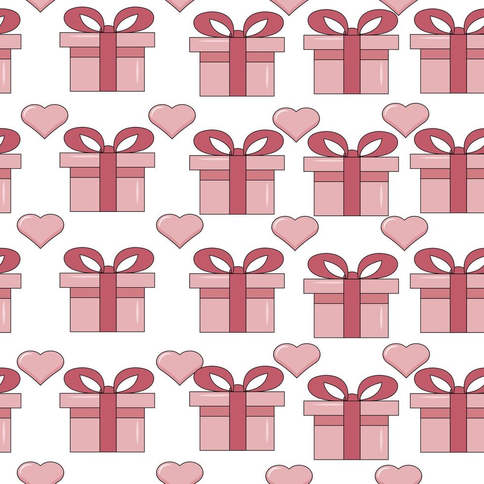 harten en geschenk dozen naadloos patroon. vector rood en roze papier symbolen van liefde achtergrond voor gelukkig moeder of Valentijnsdag dag groet kaart ontwerp