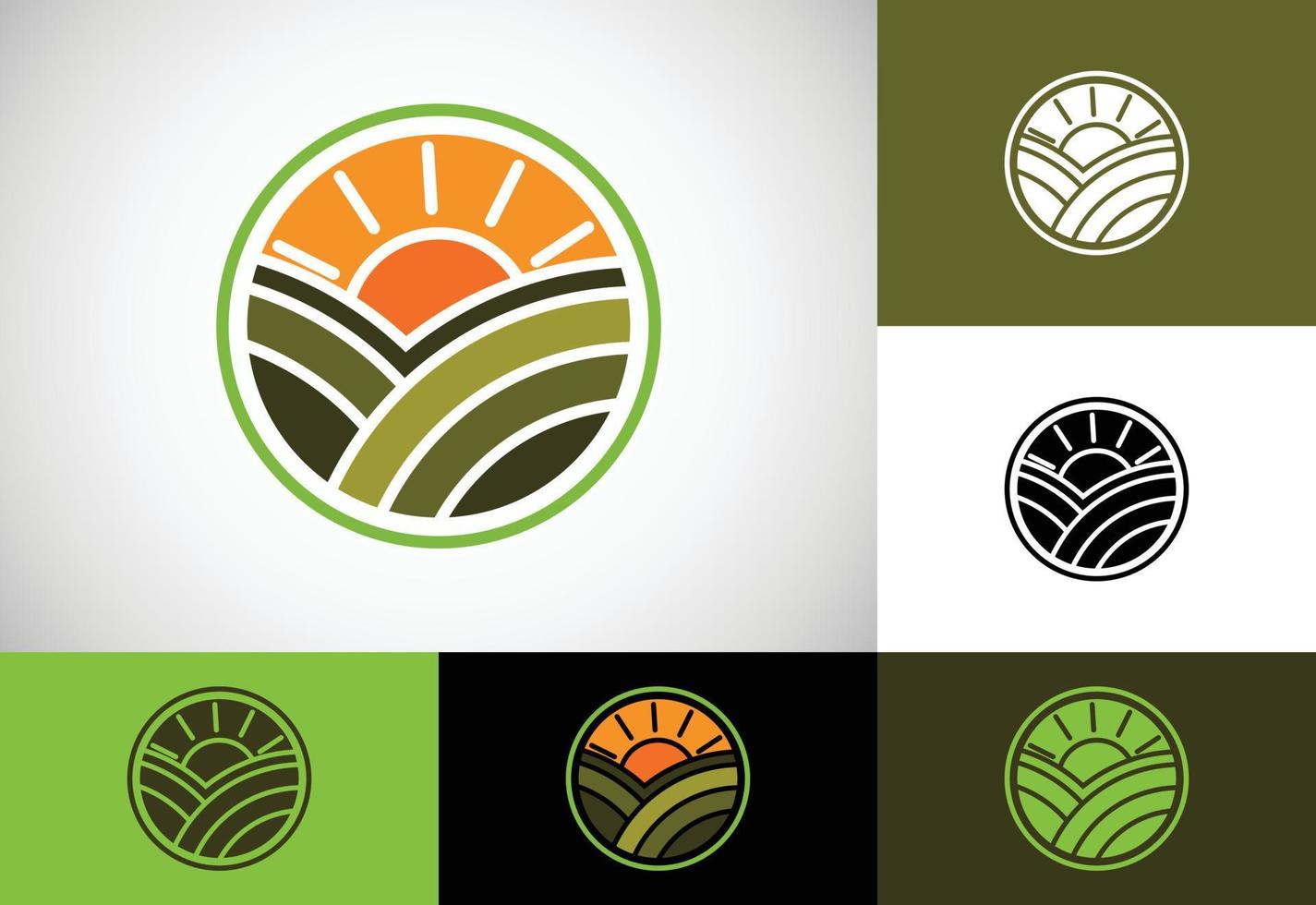 landbouw logo ontwerp sjabloon, landbouw veld- met zon teken symbool. vector