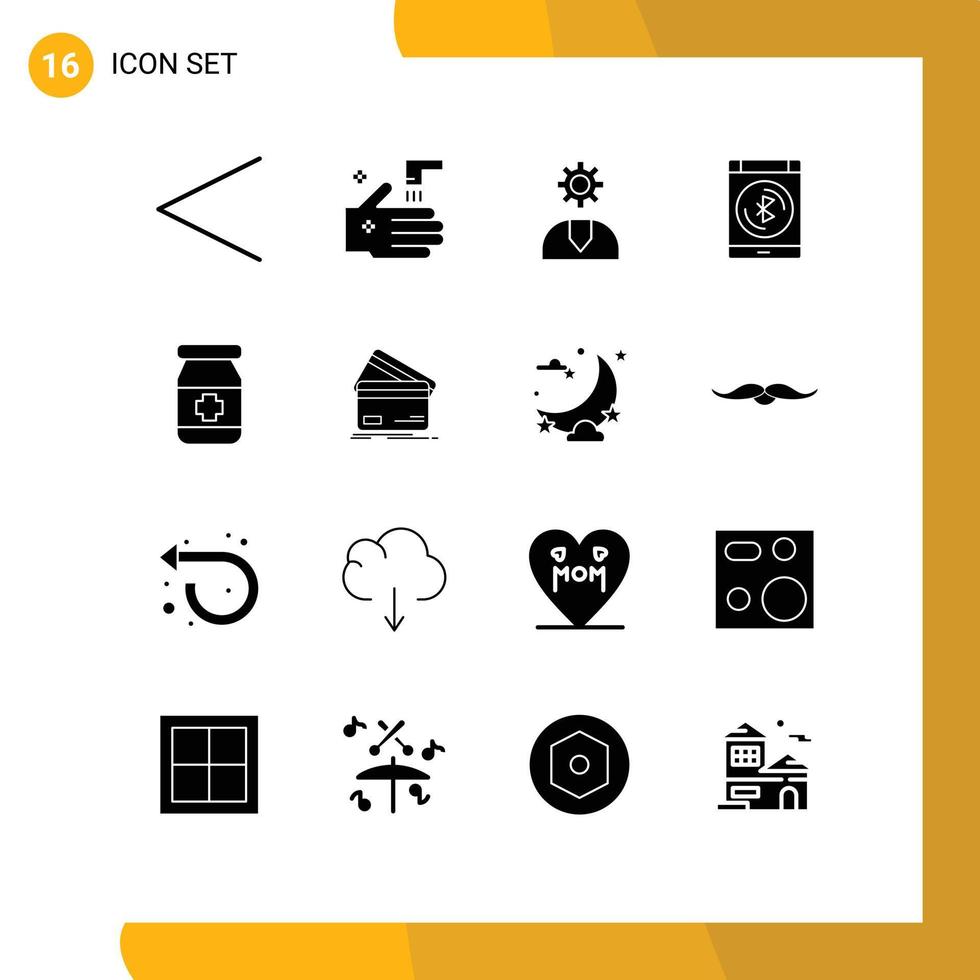 16 universeel solide glyphs reeks voor web en mobiel toepassingen medisch smartphone klant gegevens Bluetooth bewerkbare vector ontwerp elementen