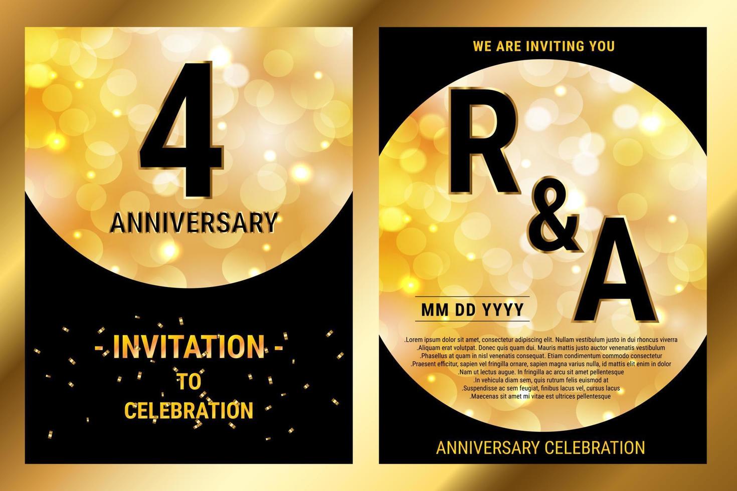 4e jaren verjaardag vector zwart papier luxe uitnodiging dubbele kaart. bruiloft verjaardag viering brochure. sjabloon van uitnodigend voor afdrukken hitam en goud achtergrond