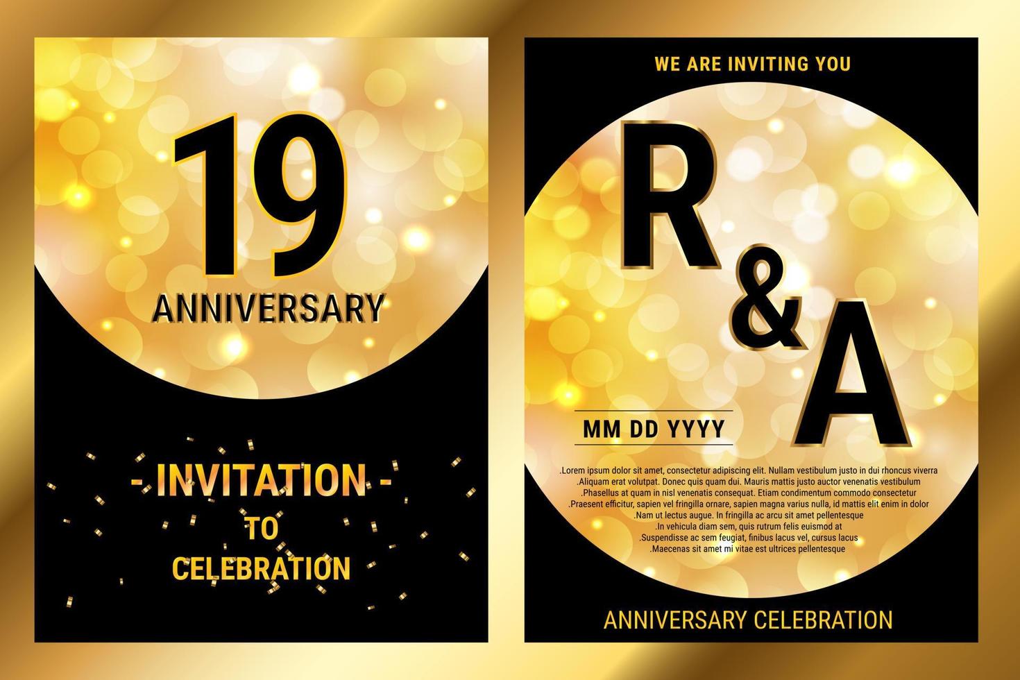 19e jaren verjaardag vector zwart papier luxe uitnodiging dubbele kaart. bruiloft verjaardag viering brochure. sjabloon van uitnodigend voor afdrukken zwart en goud achtergrond