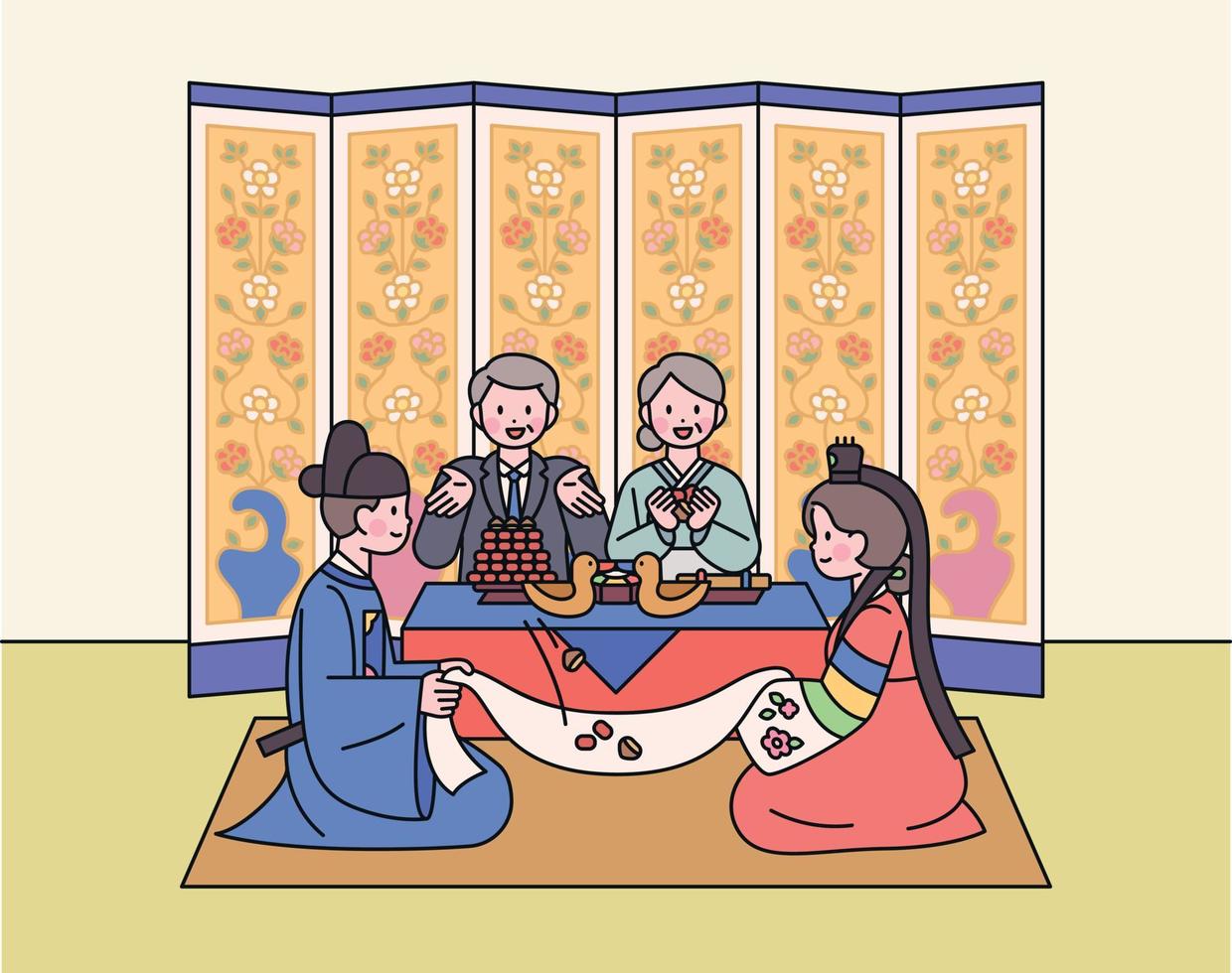 de bruid en bruidegom Bij een traditioneel Koreaans bruiloft ontvangst. ouders zijn vieren. Daar is een vouwen scherm in de achtergrond. vector