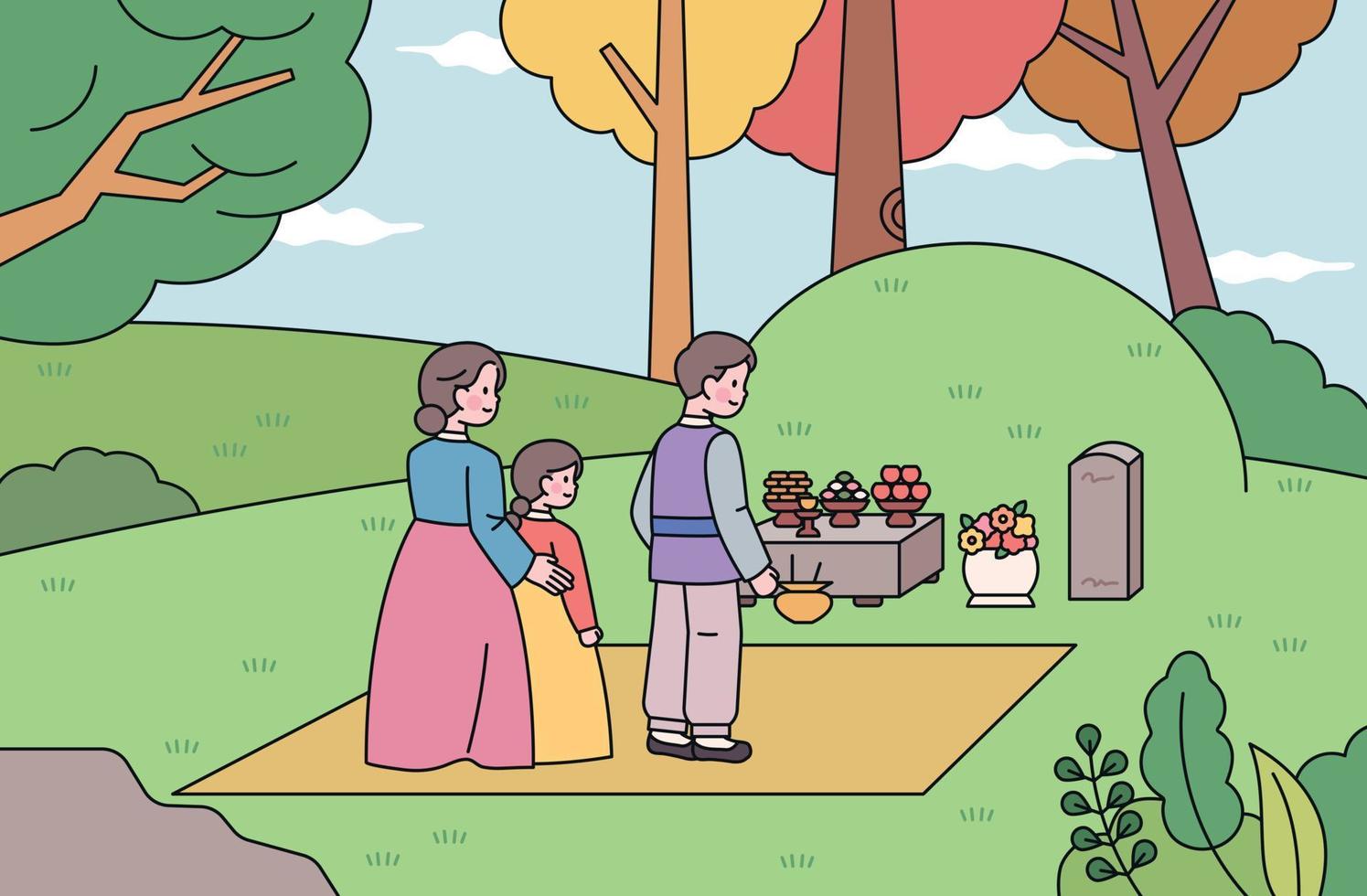 Aan gelukkig nieuw jaar, een familie gekleed in hanbok is portie voedsel naar hun voorouders' graven. vector