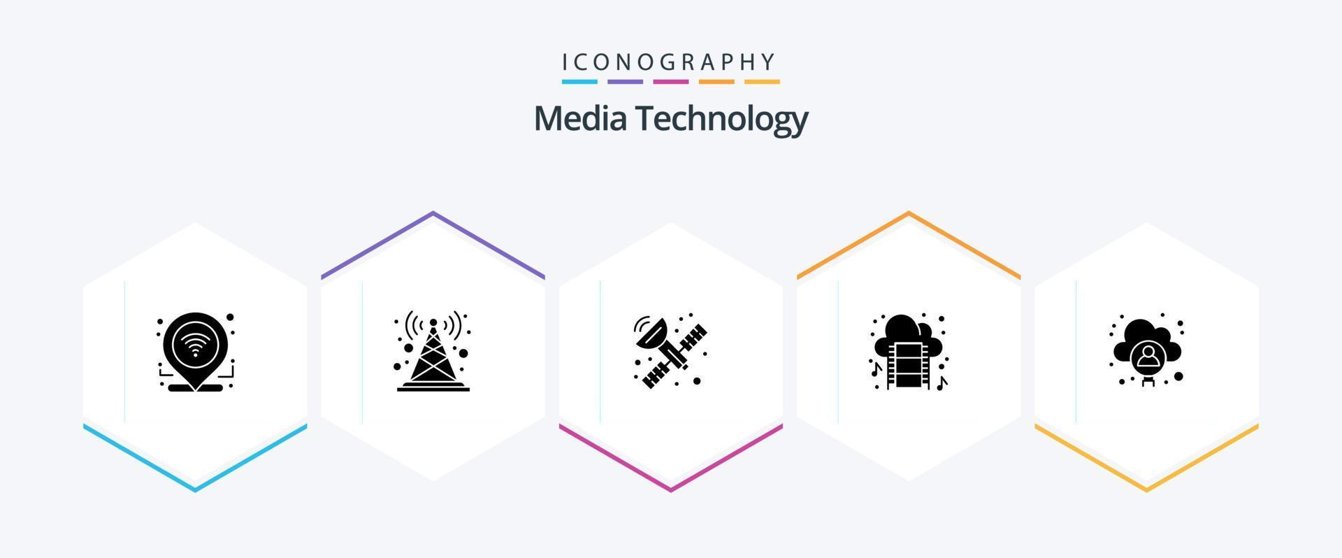 media technologie 25 glyph icoon pak inclusief wolk. muziek. radio antenne. film. wolk vector