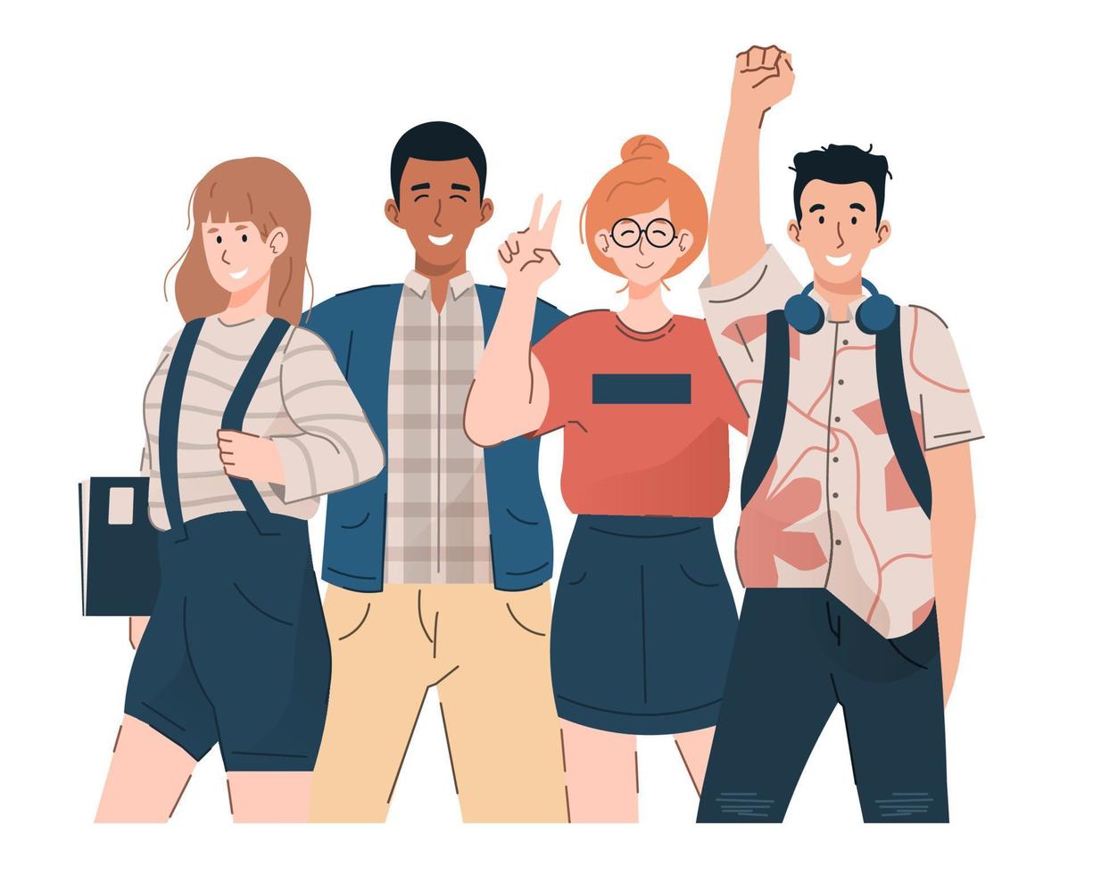 groep van jong studenten. gelukkig meisjes en jongens in gewoontjes kleren. vlak tekenfilm illustratie vector