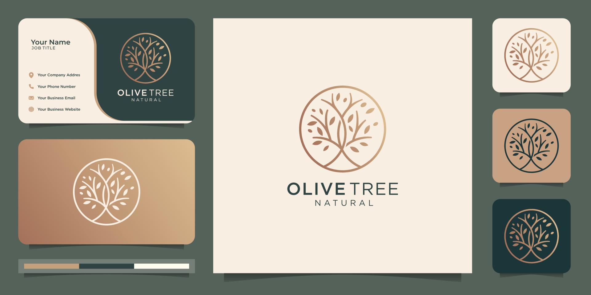 modern goud olijf- boom, olijf- olie logo ontwerp en bedrijf kaart.premie vector