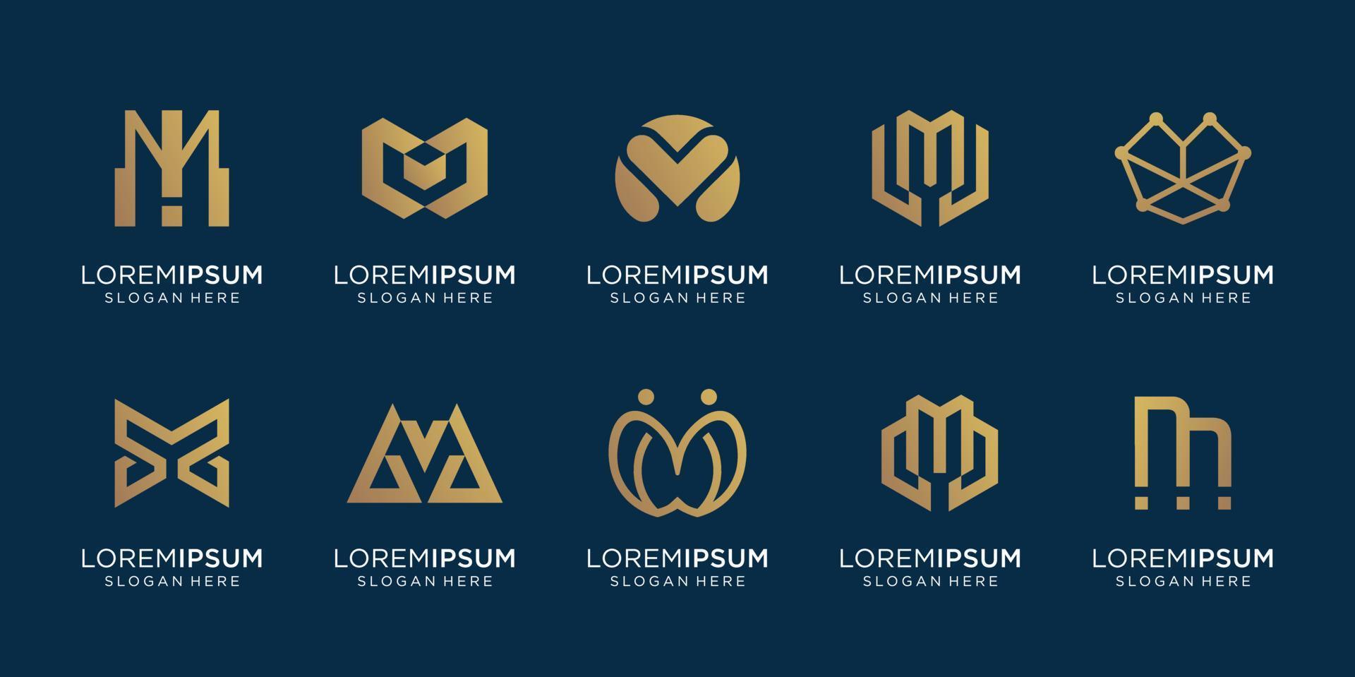 reeks van creatief eerste brief m logo sjabloon. pictogrammen voor bedrijf van luxe, goud, lijn, elegant, gemakkelijk. premie vector