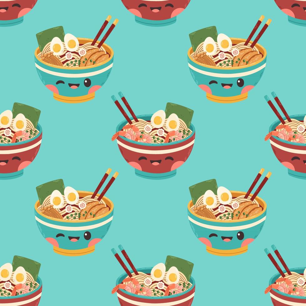 ramen naadloos patroon noodle soep in de kom met garnalen en kip illustratie ontwerp vector. vector illustratie