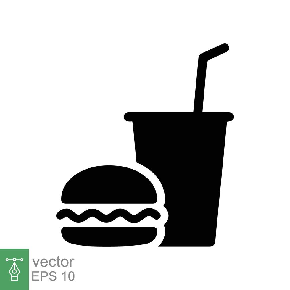 Hamburger en zacht drinken beker, snel voedsel icoon. silhouet vlak ontwerp, voedsel en drinken concept. hamburger, afhalen, Frisdrank, cola, maaltijd. vector illustratie geïsoleerd Aan wit achtergrond. eps 10.