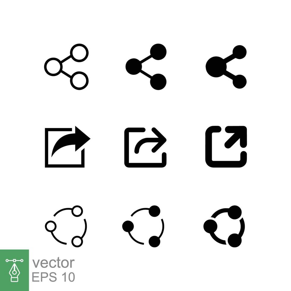 reeks van delen icoon. gemakkelijk vlak stijl. sociaal media delen knop, koppeling, gegevens, web, actie, versturen, publiceren symbool, netwerk teken ontwerp. vector illustratie geïsoleerd Aan wit achtergrond. eps 10.