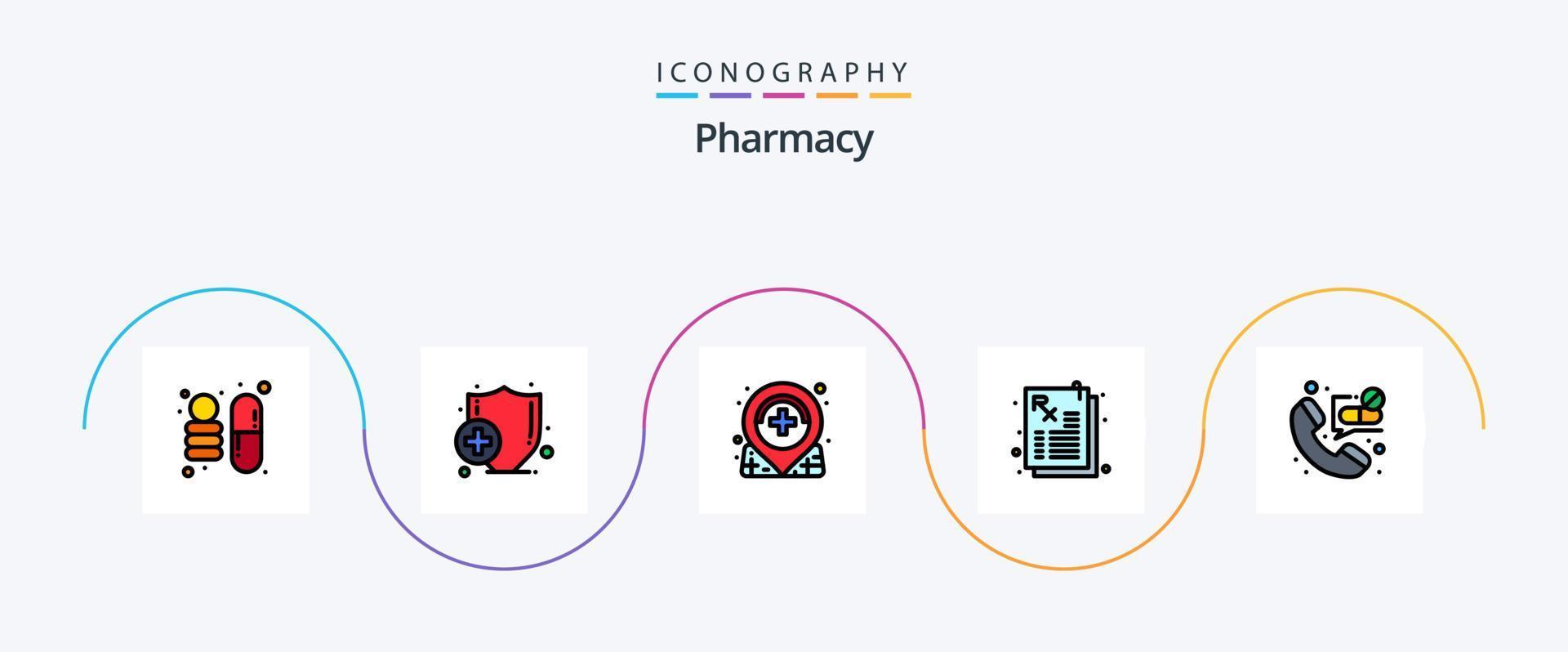 apotheek lijn gevulde vlak 5 icoon pak inclusief . noodgeval. plaats. contact. voorschrift vector