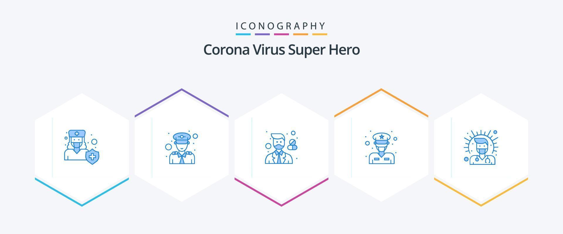 corona virus super held 25 blauw icoon pak inclusief verkeer politie. kracht. veiligheid. apotheker. ziekenhuis vector