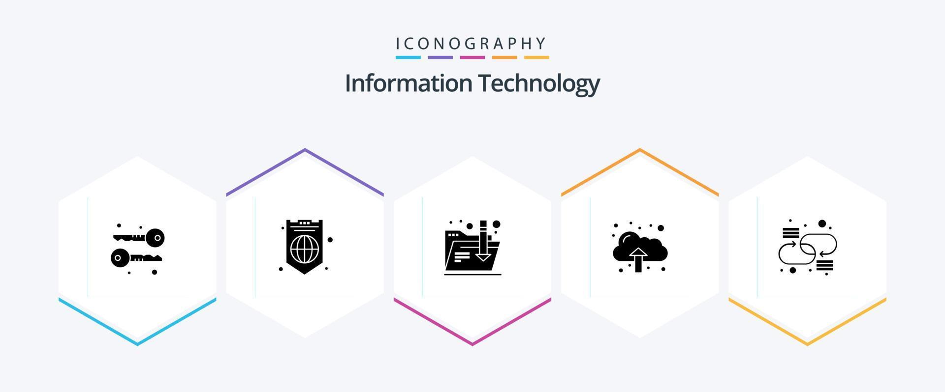 informatie technologie 25 glyph icoon pak inclusief . koppeling. map. verbinding. uploaden vector