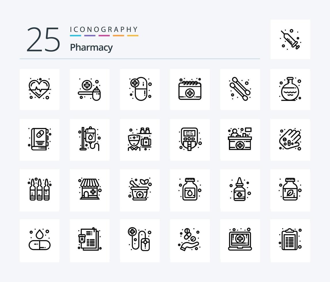 apotheek 25 lijn icoon pak inclusief katoen wattenstaafje. medisch. lepel. kalender. medicijnen vector