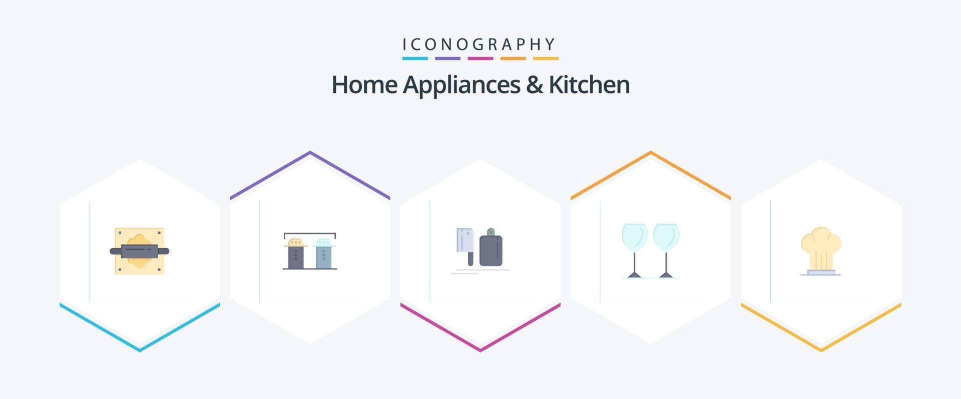 huis huishoudelijke apparaten en keuken 25 vlak icoon pak inclusief kap. drankje. bijl. bril. voedsel vector