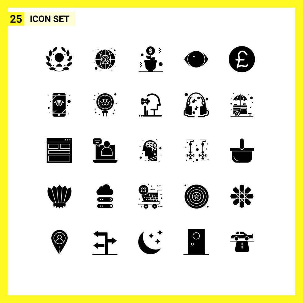 modern reeks van 25 solide glyphs pictogram van munt visie geld menselijk oog bewerkbare vector ontwerp elementen