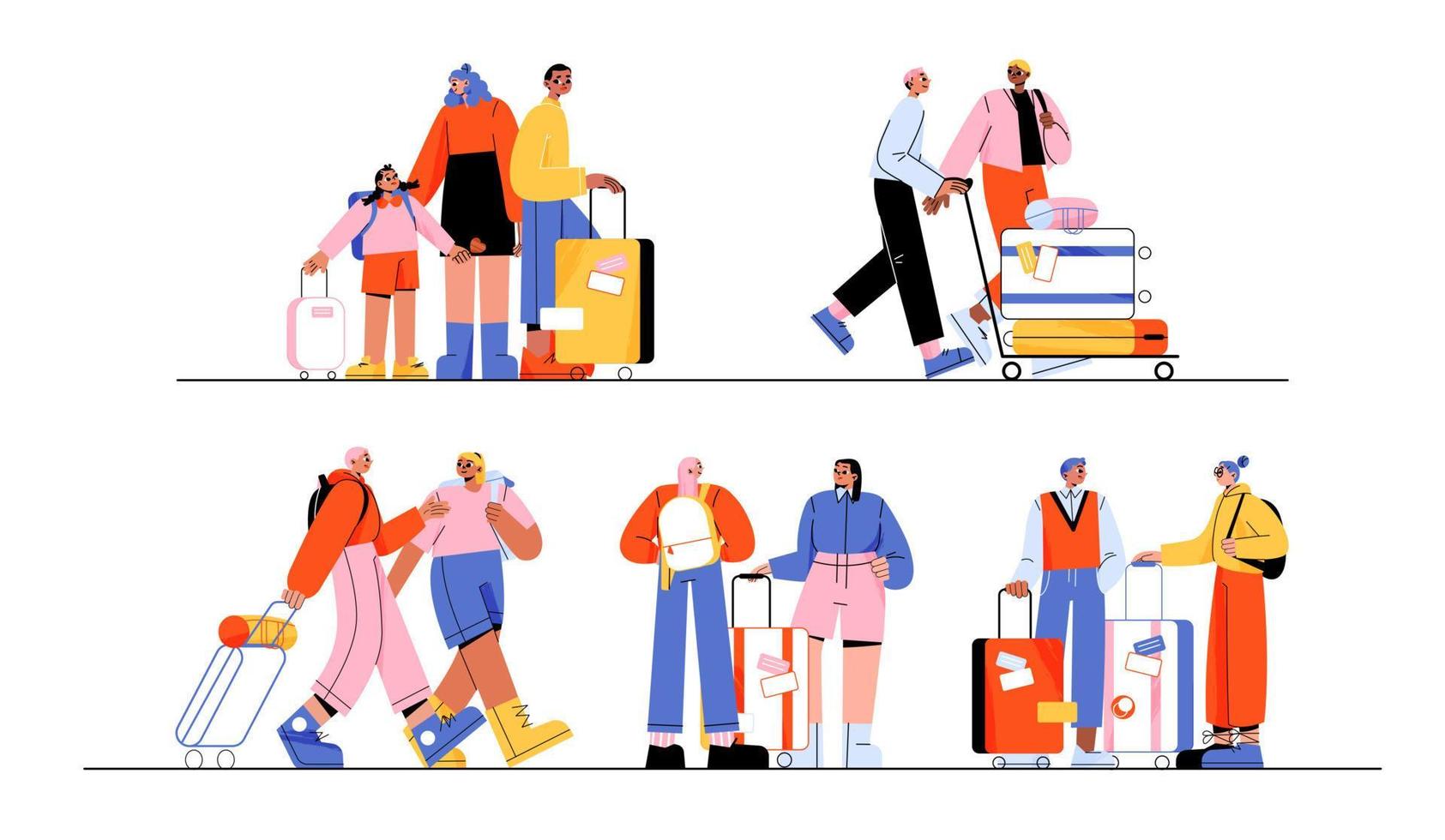 mensen reizen met koffers en rugzakken vector