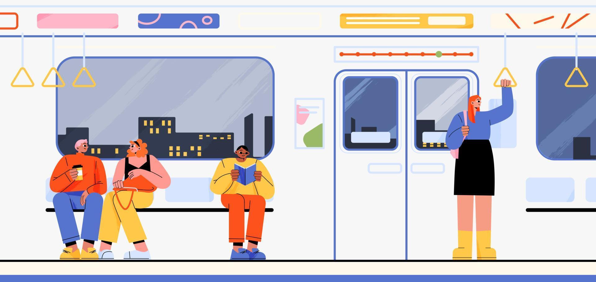 gelukkig mensen in metro, vlak vector illustratie