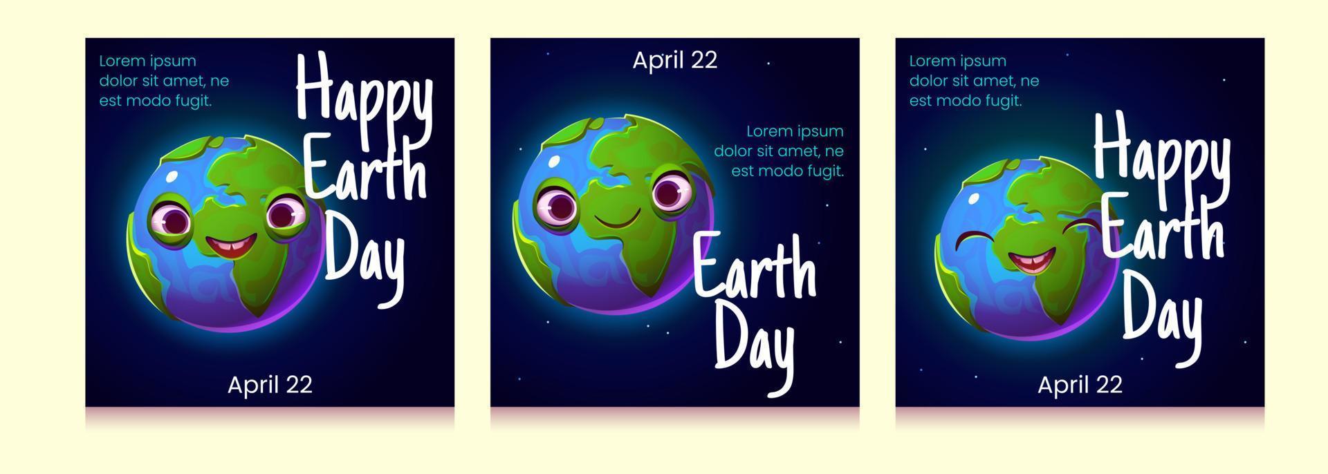 gelukkig aarde dag affiches, schattig tekenfilm planeet vector