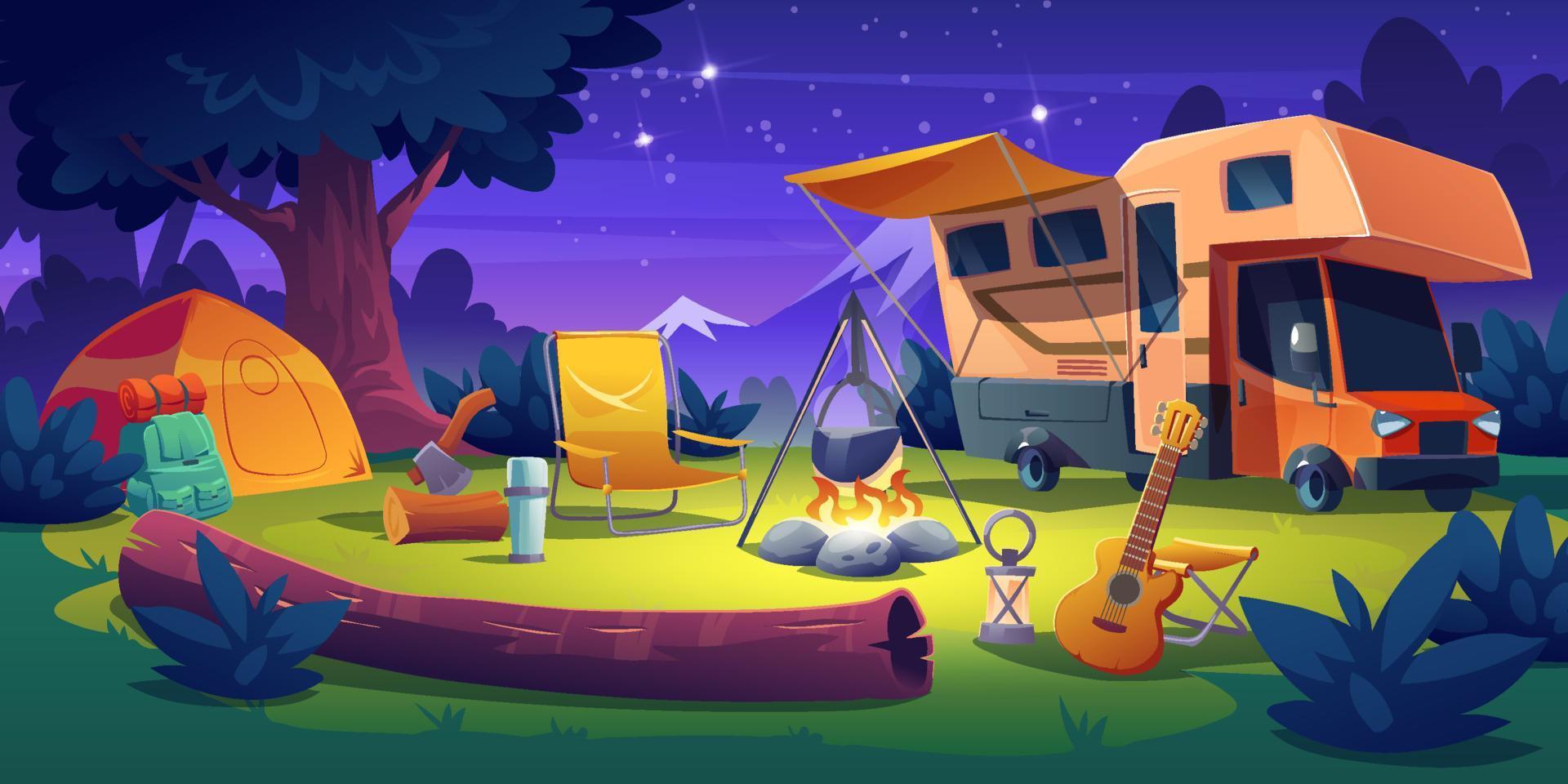 camping plaats met aanhangwagen, tent, brandend vreugdevuur vector