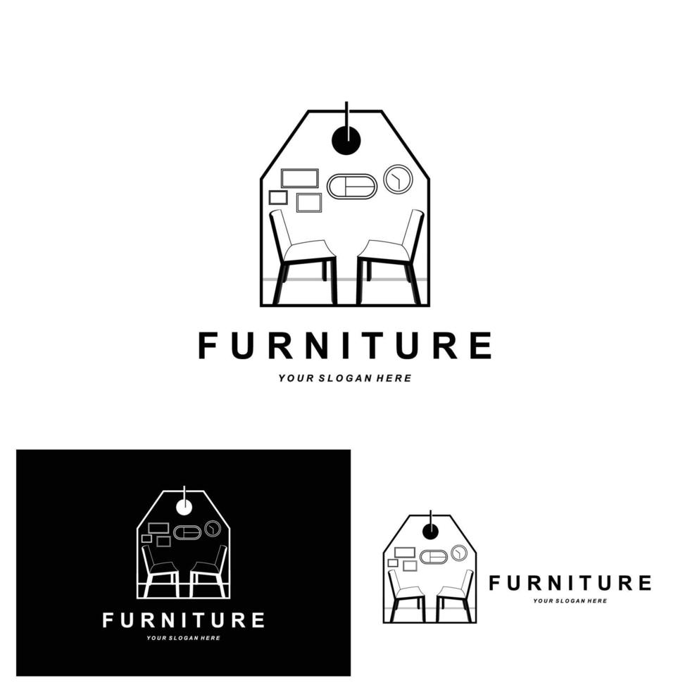 meubellogo, woninginrichtingsontwerp, kamerpictogramillustratie, tafel, stoel, lamp, frame, klok, bloempot vector