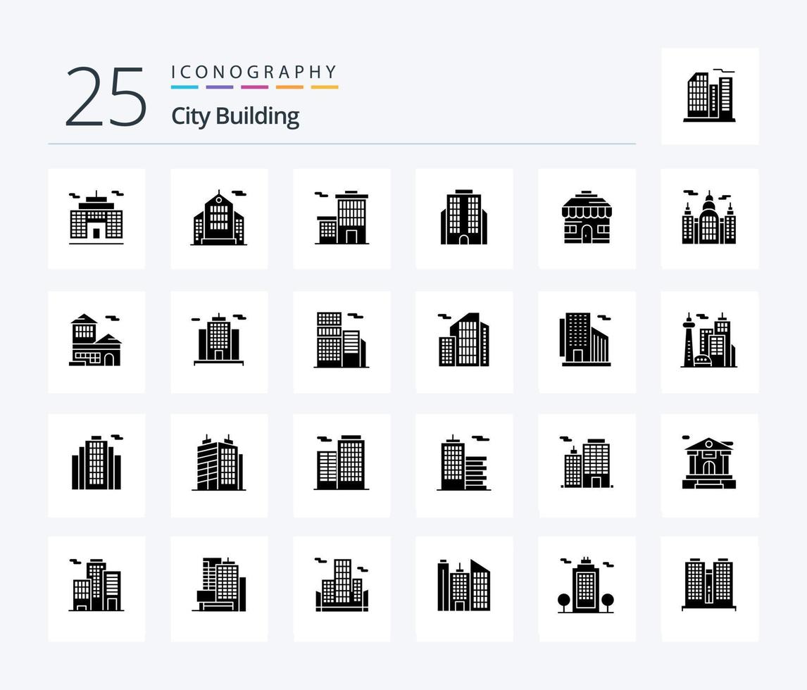 stad gebouw 25 solide glyph icoon pak inclusief landgoed. bouw. huis. gebouw. kantoor vector