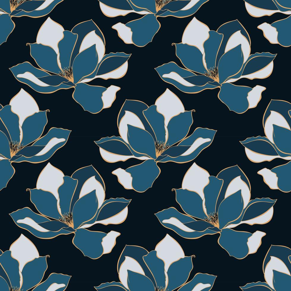 magnolia donker blauw patroon, omtrek bloemen goud en donker achtergrond. vector