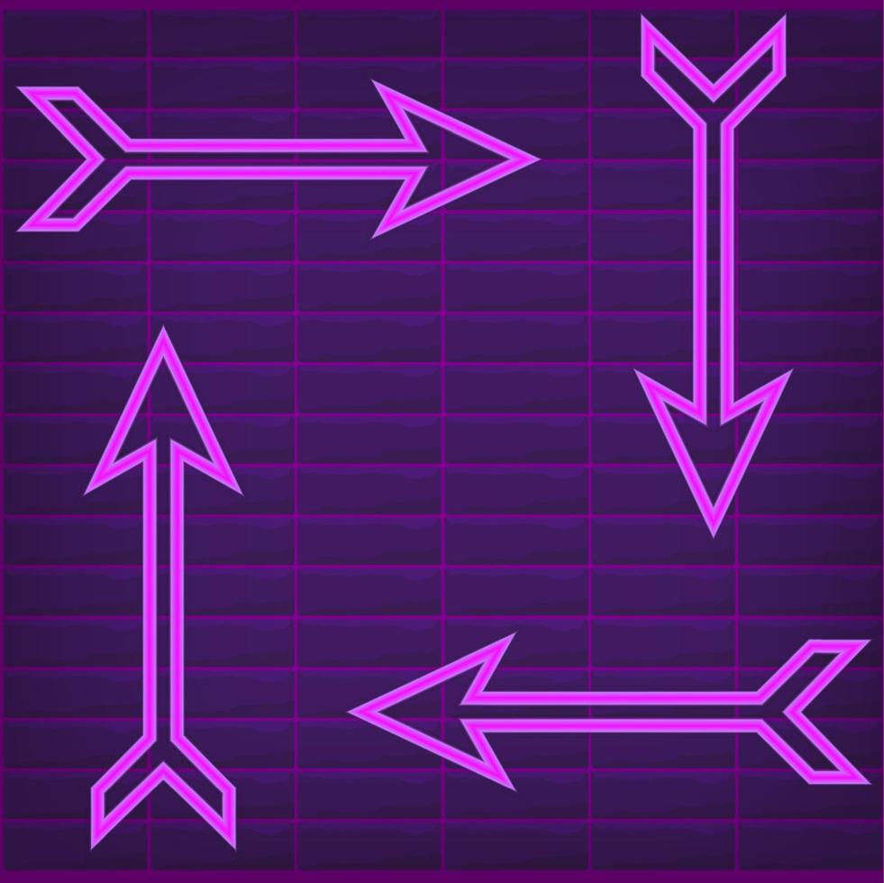 neon licht pijl Purper gloed teken voor richting vector illustratie set. schijnen informatie element, navigatie wijzer, helder grafisch voorwerp. vorige De volgende links Rechtsaf omhoog naar beneden knop. ui koppel