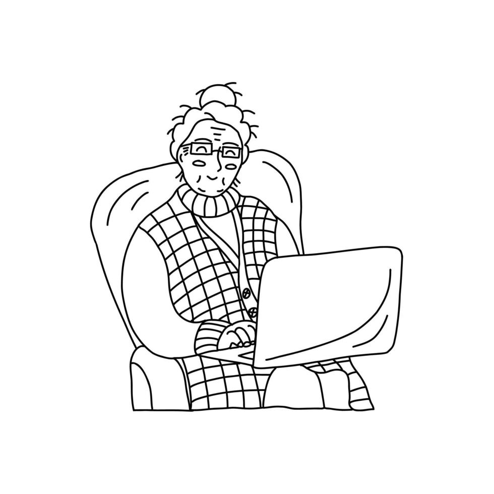 gelukkig grootmoeder met een laptop. vector hand- getrokken geïsoleerd