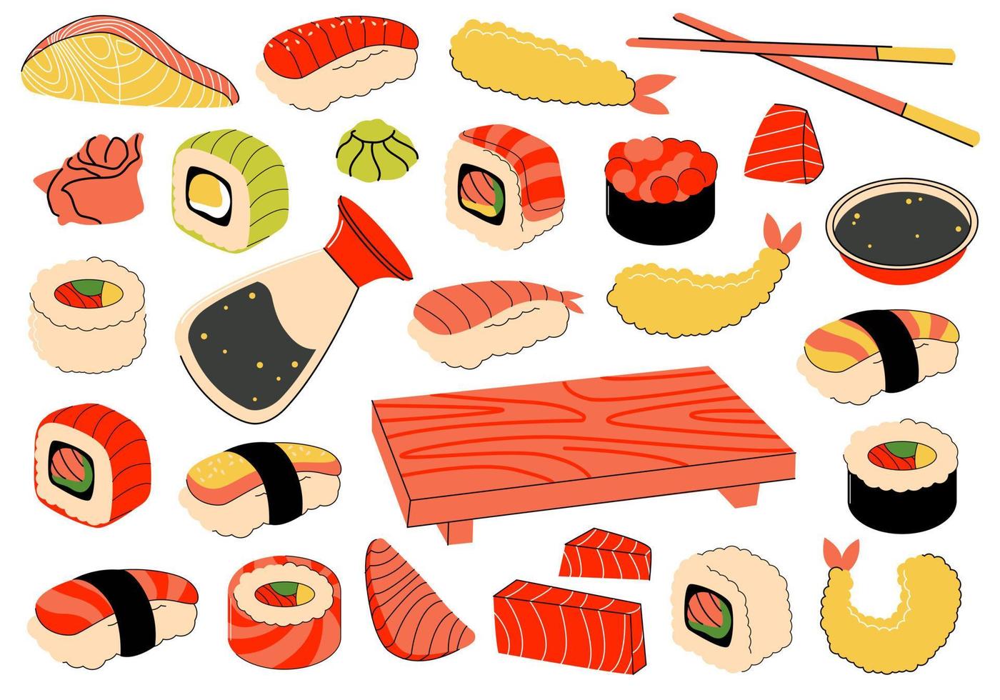 een reeks van Japans sushi voedsel, broodjes. items voor Aziatisch voedsel. Japans keuken. vector illustratie Aziatisch gerechten voor menu's en restaurants.