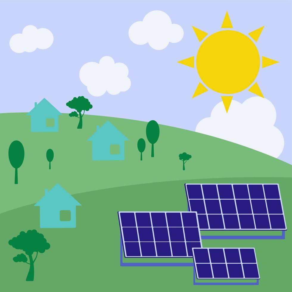 sticker, knop Aan de thema van hernieuwbaar energie met zonne- panelen, zon, groen landschap en wolken vector
