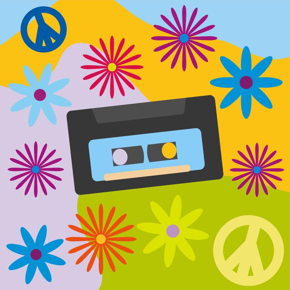 icoon, sticker in hippie stijl met cassette plakband, bloemen, symbolen van vrede Aan een helder abstract achtergrond vector