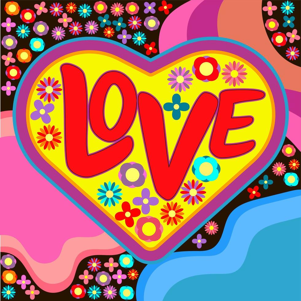 icoon, sticker in hippie stijl met hart, tekst liefde en bloemen Aan helder achtergrond vector