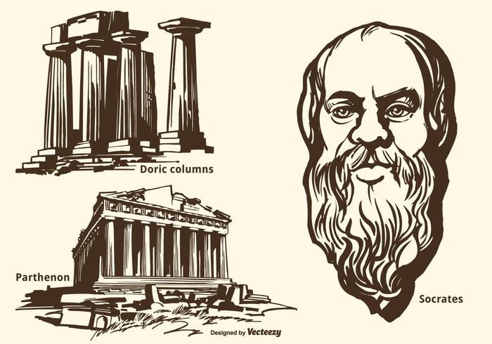 Oude Griekse Monumenten En Socrates Vector Hand Getekende Set