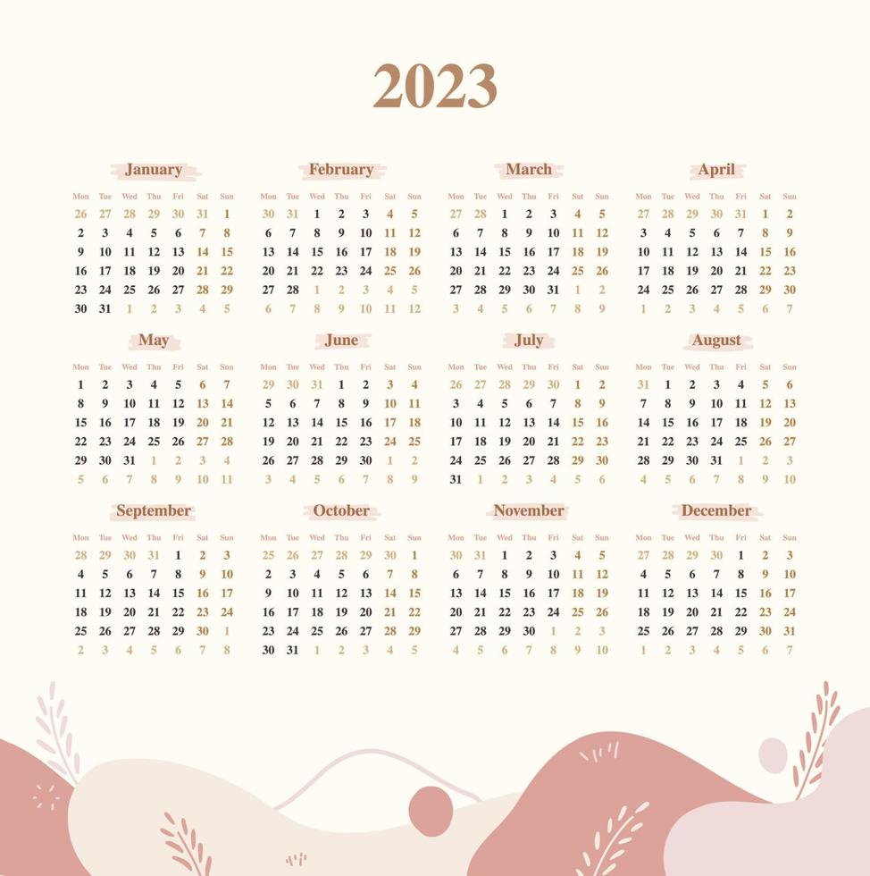 kalender 2023 esthetisch lay-out sjabloon met pastel kleur abstract klodder bruin roze ontwerp 3 rijen en 4 kolommen vector