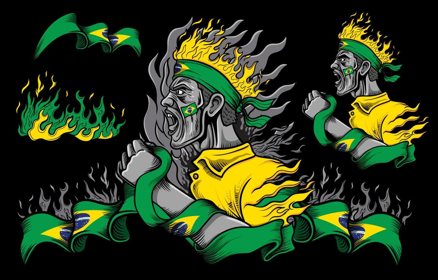 Brazilië vlag en brand elementen met mensen schreeuwen vector