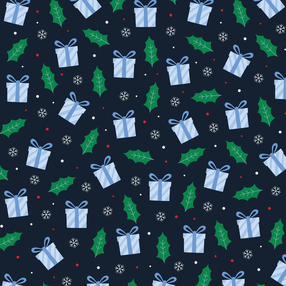 Kerstmis patroon met geschenk doos, sneeuwvlokken, en bladeren vector achtergrond