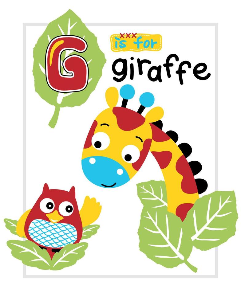vector illustratie van giraffe en uil tekenfilm met bladeren