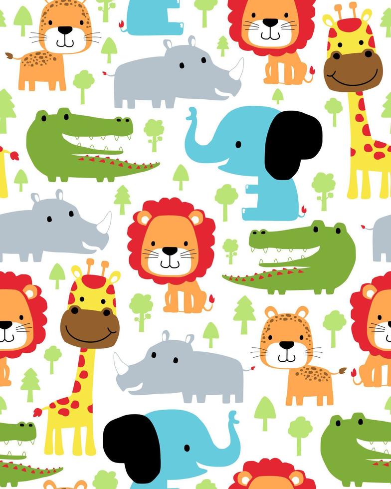 naadloos patroon vector van kleurrijk dieren tekenfilm met bomen