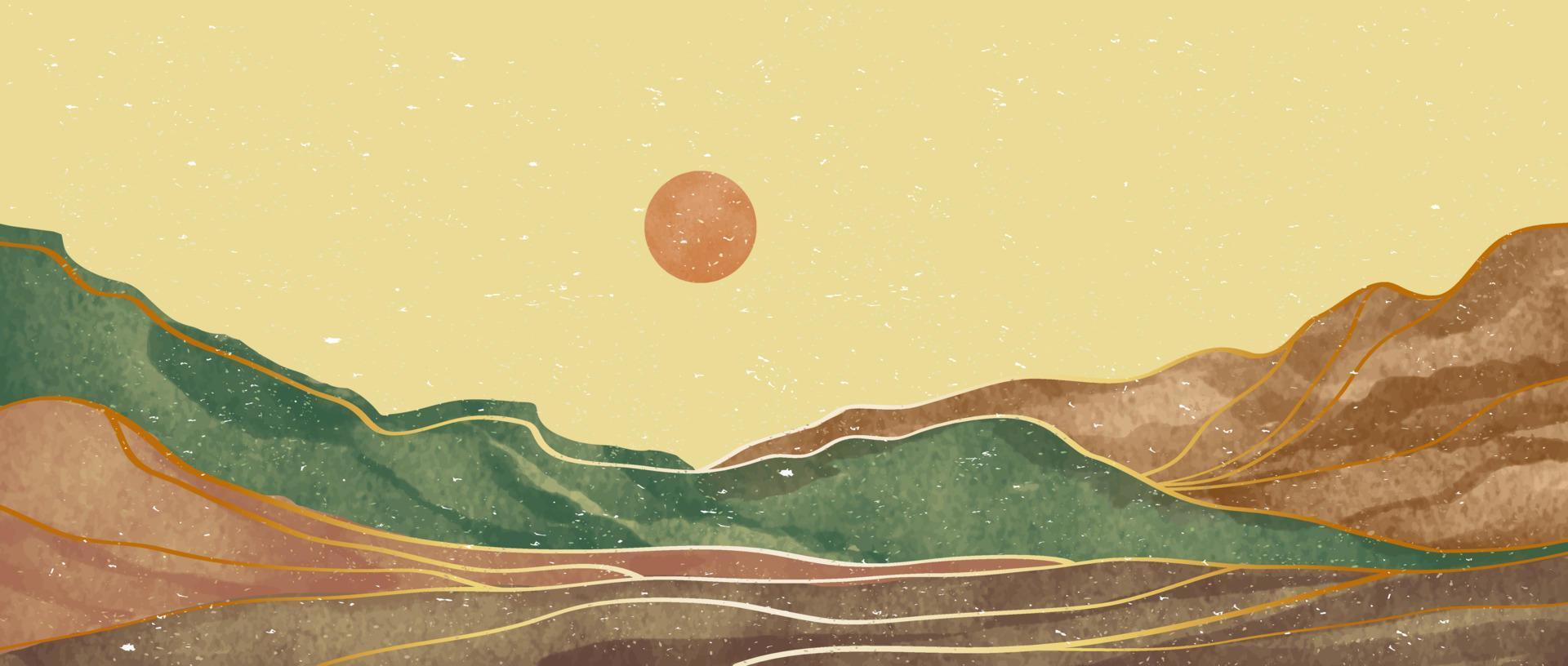 creatief minimalistische hand- geschilderd illustraties van midden eeuw modern. abstract hedendaags esthetisch achtergronden landschappen met berg, heuvel, zonsondergang, zee. vector illustraties