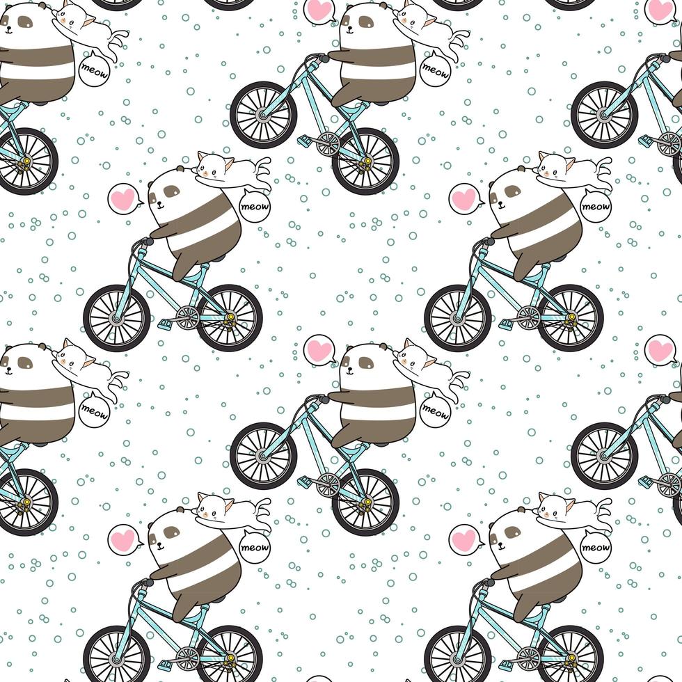 naadloze kawaiipanda fietsten met kattenpatroon vector