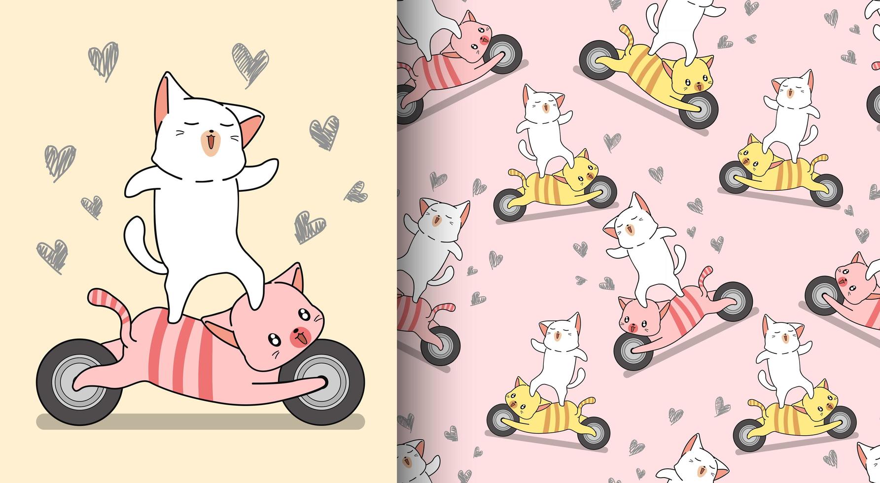 naadloze patroon kawaii kat rijdt motorfiets kat vector